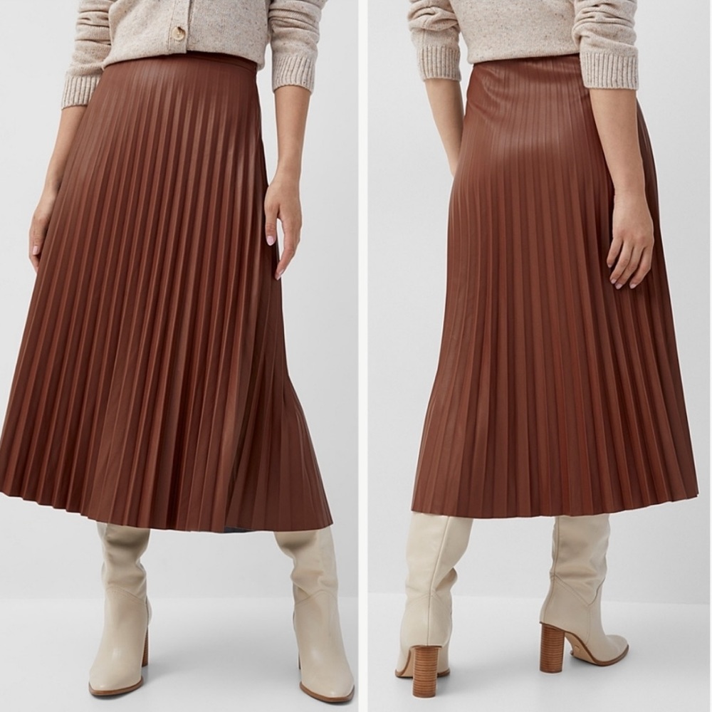 ICONE Pleated Vegan Leather Midi Skirt Size L In Black